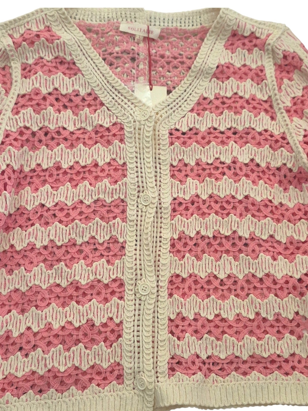 Solitaire Pink Cream Crochet Knit Cardi & Shorts Set Boho Beach Sz L - Picture 5 of 8